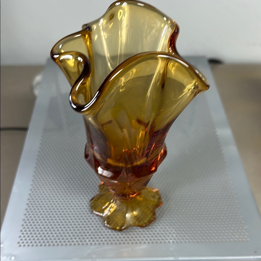 Fenton Handkerchief Amber Glass Vase Elegant Home Accent